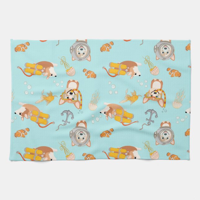 Corgis tauchen im Ozeanmuster Geschirrtuch (Horizontal)