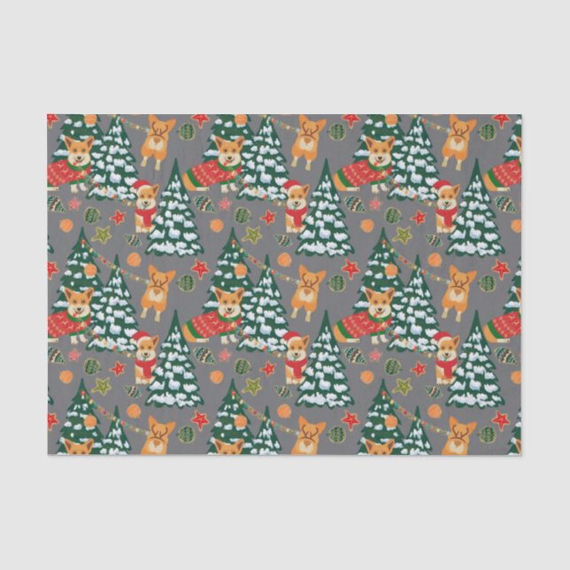 Corgis verzieren den Weihnachtsbaum - graues Seidenpapier (Vorderseite)