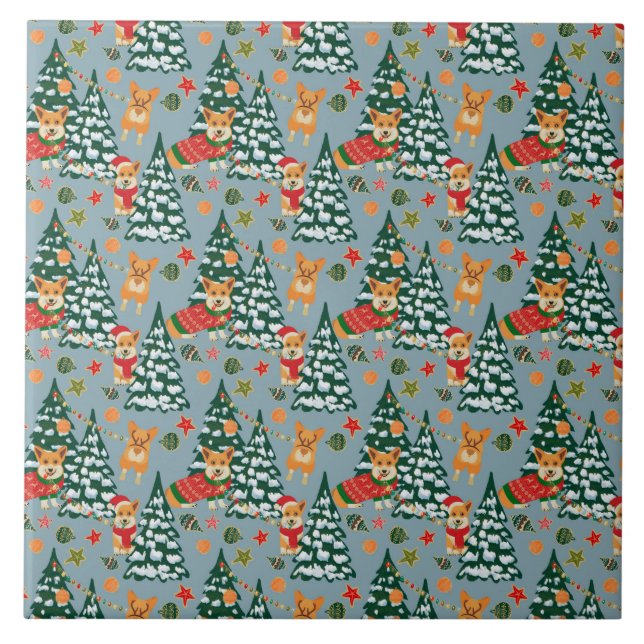 Corgis zieren den Weihnachtsbaum im Wald Fliese (Vorderseite)