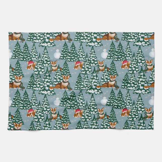Corgis zieren den Weihnachtsbaum in Forest Blue Geschirrtuch (Horizontal)