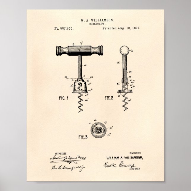 Corkschraube 1897 Patent Art Old Peper Poster (Vorne)