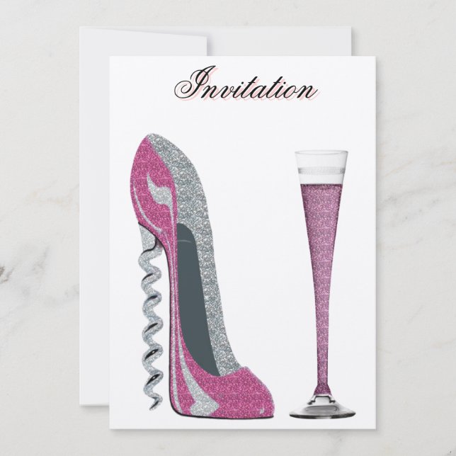 Corkschraube Pink Stiletto und Champagne Einladung (Vorderseite)