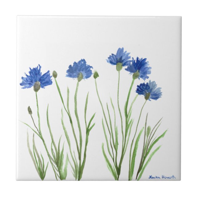 Cornblumen Blau florale Aquarell rustikaler Chic Fliese (Vorderseite)
