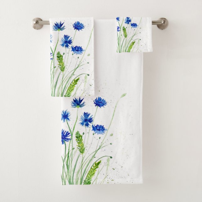 Cornblumen Blühende Wildblumen Aquarell Badhandtuch Set (Insitu)