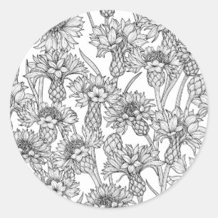 Cornblumen, Blume in Schwarz und Weiß Runder Aufkleber