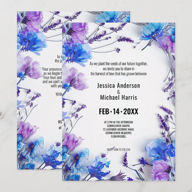 💍 Cornblumen und Lavender Elegance Einladung (Vorne/Hinten)