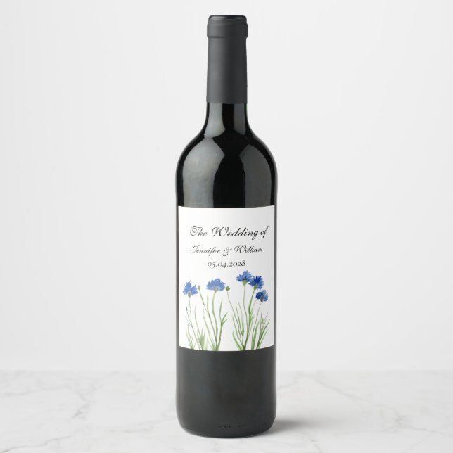 Cornblumen Wildblumen Blume Hochzeit Wasserfarbe Weinetikett (Vorderseite)