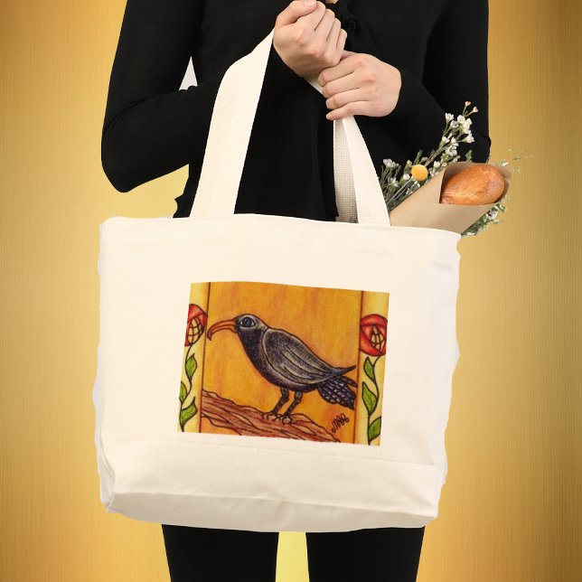 Corneille Art Déco et sac Rose (Black Crow on Branch bordered with Red abstract flowers on stems golden background on tote bag.)