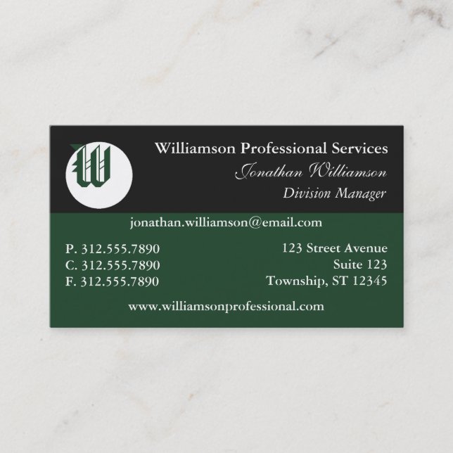 Corner Monogram Green Business Cards Visitenkarte (Vorderseite)