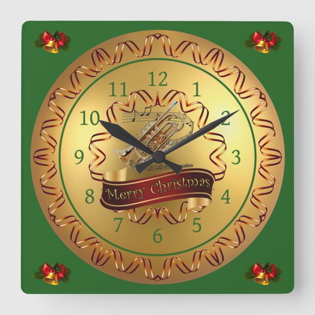 Cornet ~ Musical Scroll ~ "Frohe Weihnachten" Quadratische Wanduhr (Vorderseite)