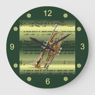 Cornet~Rolled Sheet Music~Gold/Green Background~ Große Wanduhr