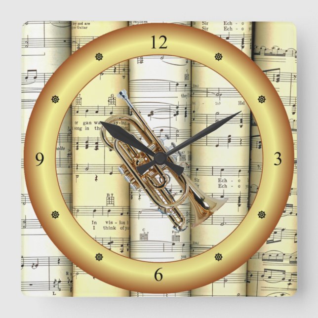 Cornet ~ Rolled Sheet Music ~ Gold Ring ~ * ~ Quadratische Wanduhr (Vorderseite)