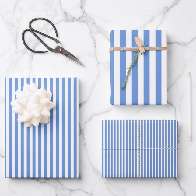 Cornflower Blau & Weiße Streifen Geschenkpapier Set (Vorderseite)