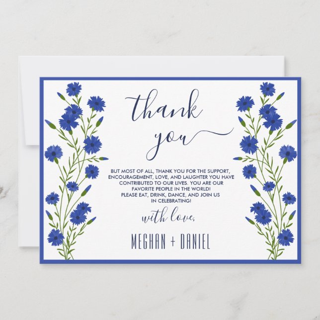 Cornflower Blue Botanical Wedding Vielen Dank Einladung (Vorderseite)