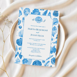 Cornflower Blue Coastal Seashell Wedding Einladung