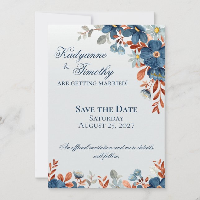 Cornflower Blue & Copper Blütenhochzeit Save The Date (Vorderseite)