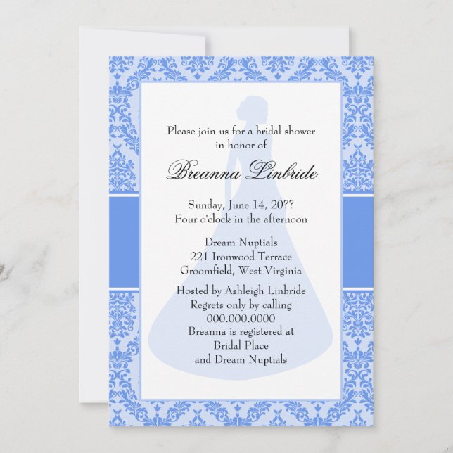 Cornflower Blue Damask Brautparty Einladung (Vorderseite)