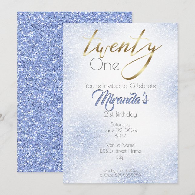 Cornflower Blue Glitzer und Gold 21. Einladung (Vorne/Hinten)
