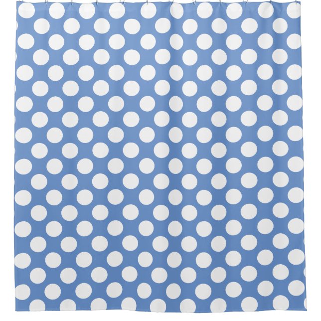 Cornflower Blue: Grosses weißes Polka Dot Muster Duschvorhang (Vorderseite)