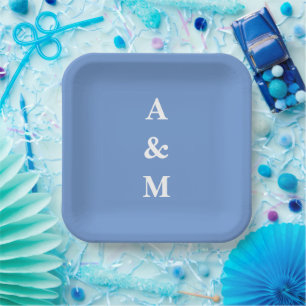 Cornflower Blue Monogram Initials Elegante Hochzei Pappteller