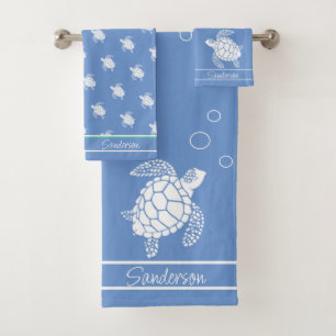 Cornflower Blue Monogram White Sea Turtle Nautical