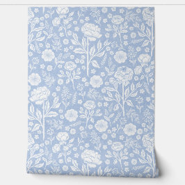 Cornflower Blue Peony Roses Hand-Drawn Cottagecore Tapete