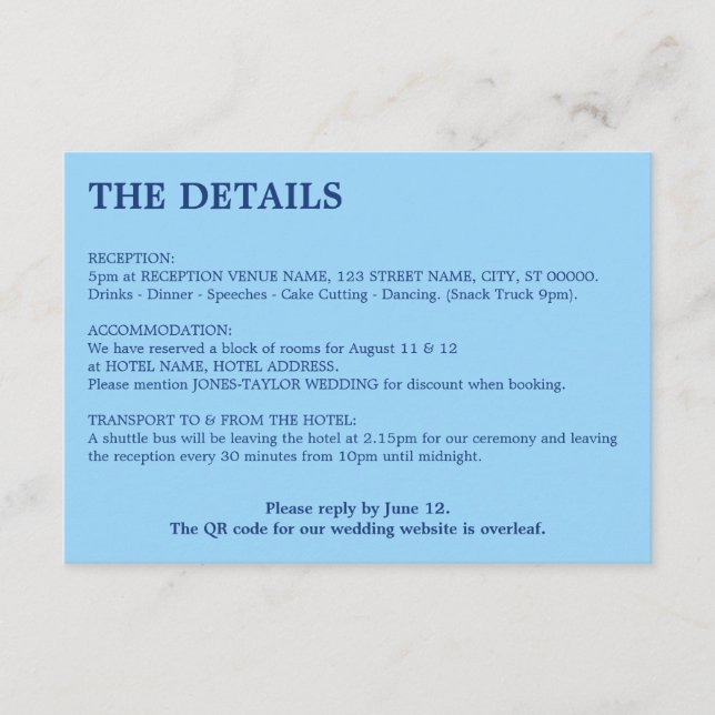 Cornflower Blue QR Code Hochzeitdetails Begleitkarte (Vorderseite)