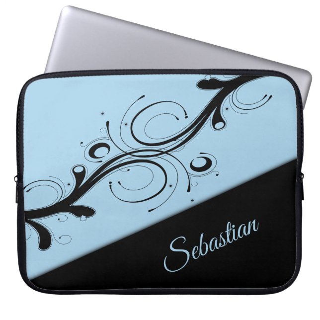 Cornflower Blue und Black Scroll Accent Personal Laptopschutzhülle (Vorderseite)