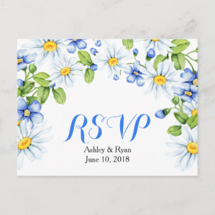 Cornflower Blue White Daisy Floral Wedding RSVP Einladungspostkarte