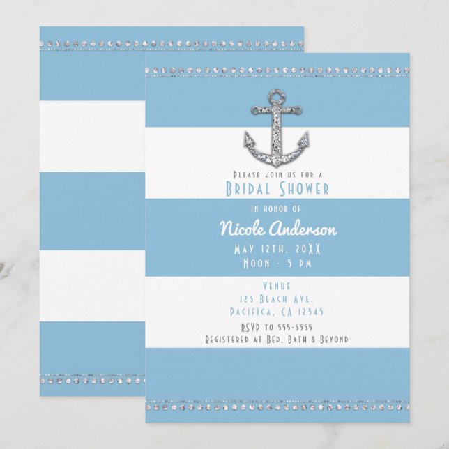 Cornflower Blue & White Stripes Diamant Anker Einladung (Vorne/Hinten)