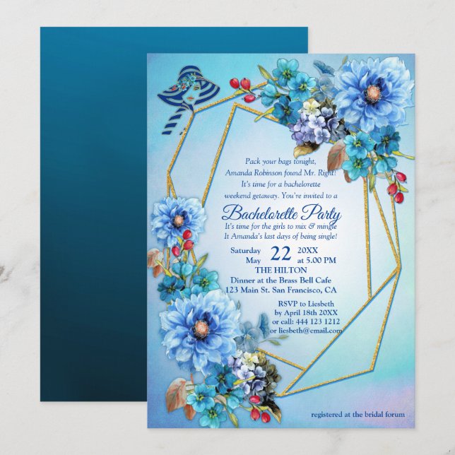 Cornflower Blues Watercolor Bachelorette Einladung (Vorne/Hinten)