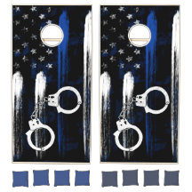 Cornhole Set Handcuffs Blue Line Flag