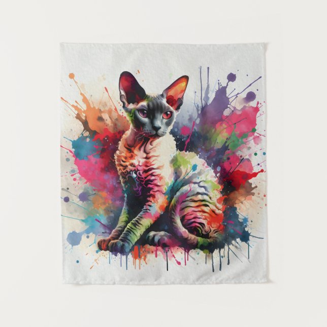 Cornish Rex Cat Farbiges Portrait Wandteppich (Vorderseite)