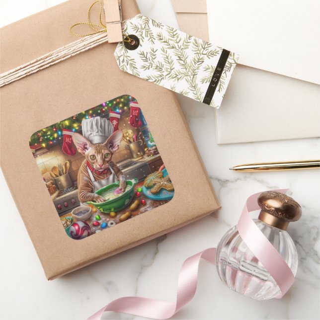 Cornish Rex Holiday Baking: Feierliche Weihnachten Quadratischer Aufkleber (Schenken)