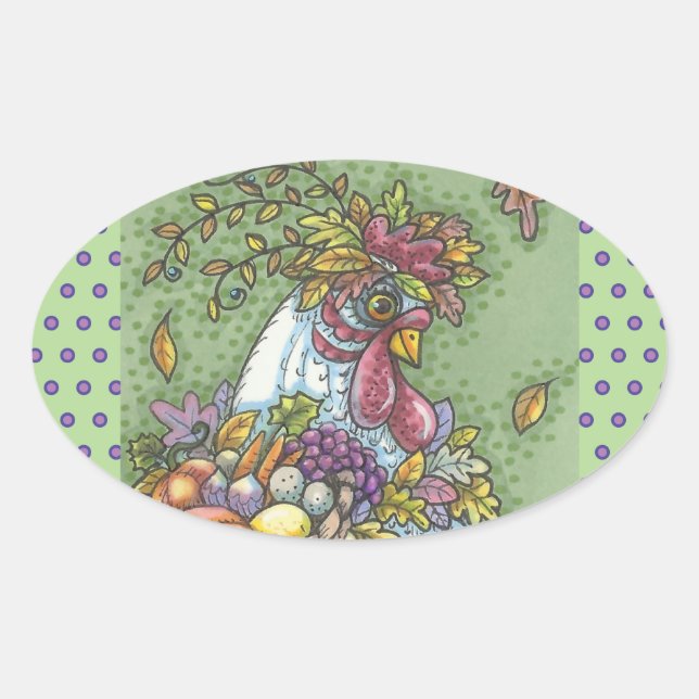 CORNUCOPIA HEN, ERNTEDANK CHICKEN STICKERS Oval (Vorderseite)