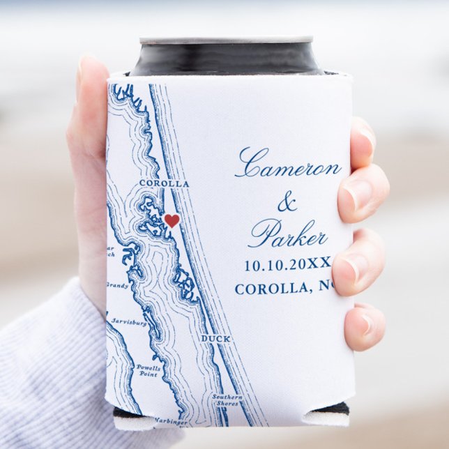 Corolla NC Map Elegant OBX Navy Blue Wedding Favor Dosenkühler (Corolla NC Map Outer Banks Wedding Can Coozy Cooler Favor in Elegant Navy Blue by Coastal Map Design)