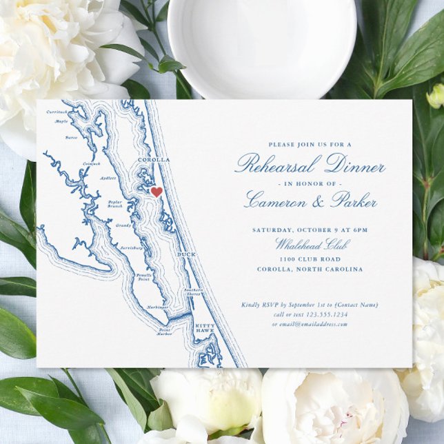 Corolla NC OBX Karte Navy Blau Probeessen (Corolla NC Rehearsal Dinner Invitation with Elegant navy blue Outer Banks map by Coastal Map Designs)