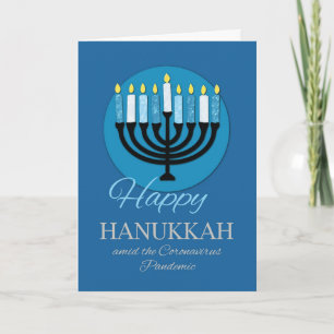 Coronavirus Hanukkah Menorah auf Dunkelblau Karte