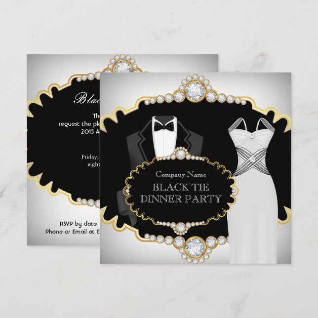 Corporate Black Krawatte Dinner Party White Gold Einladung (Vorne/Hinten)