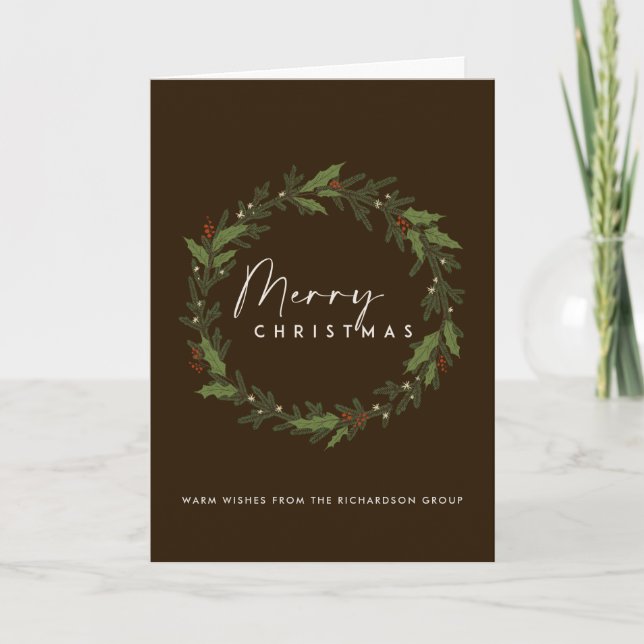 CORPORATE BROWN CHIC HOLLY BERRY WREATH CHRISTMAS KARTE (Vorderseite)