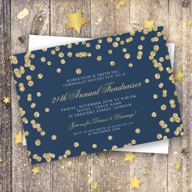 Corporate Fundraiser Dinner Gold Confetti Navy Blu Einladung (Von Creator hochgeladen)