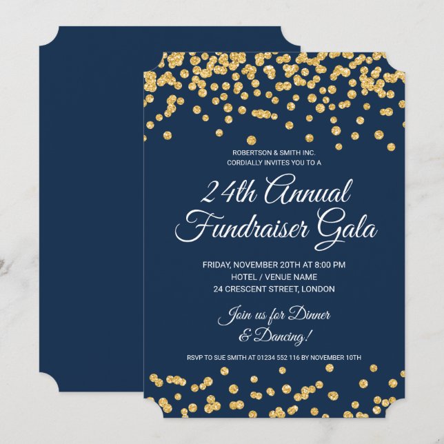 Corporate Fundraiser Gold Glitzer Confetti Navy Einladung (Vorne/Hinten)