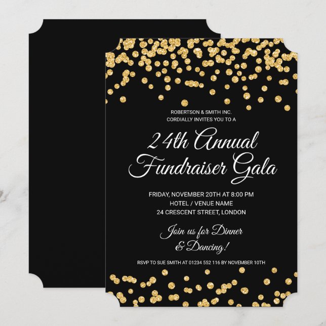 Corporate Fundraiser Party Gold Glitzer Confetti Einladung (Vorne/Hinten)