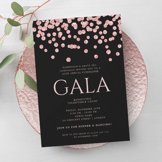 Corporate Gala Rose Gold Schwarzer Glitzer Confett Einladung (Corporate Gala Rose Gold Black Glitter Confetti Invitation)