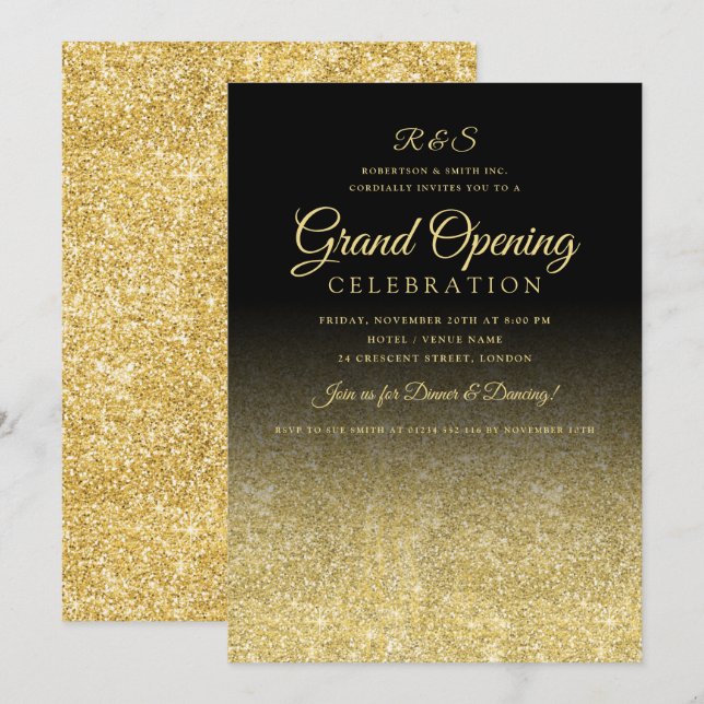 Corporate Grand Opening Gold Glam Glitzer Black Einladung (Vorne/Hinten)
