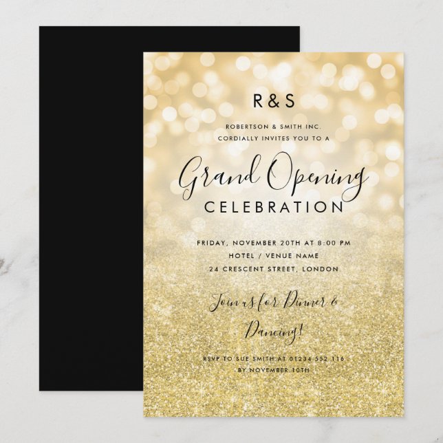 Corporate Grand Opening Gold Glitzer & Lights Einladung (Vorne/Hinten)