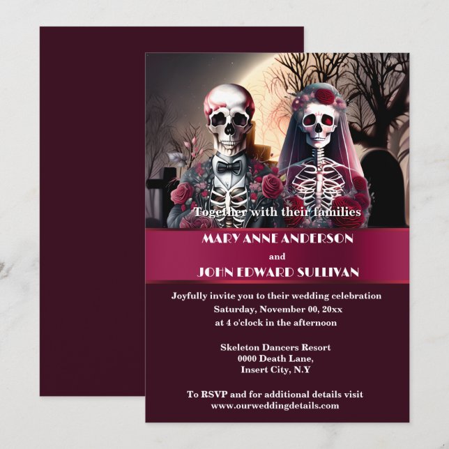 Corpse Braut Groom burgundy Rose gotische Hochzeit Einladung (Vorne/Hinten)