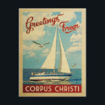 Corpus Christi Postcard Sailboat Vintag Texas Postkarte<br><div class="desc">Diese Grüße von Corpus Christi Texas Vintage Reise nautische Design verfügt über ein Boot auf dem Wasser mit Möwen und einen blauen Himmel gefüllt mit herrlichen puffigen weißen Wolken.</div>