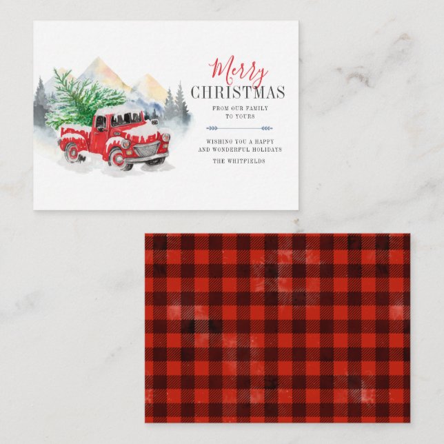 Correspondance Carte de Noël avec camionnette rouge plaid rustiqu (Devant / Derrière)