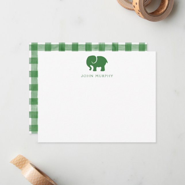 Correspondance Carte de note bébé, gingham éléphant vert plat (Devant/Arrière en situation)